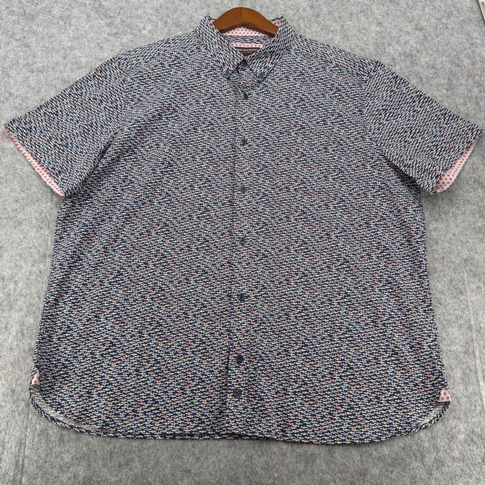 Johnston & Murphy Mens XXL Short Sleeve Button Down Shirt Navy Fish Print Cotton